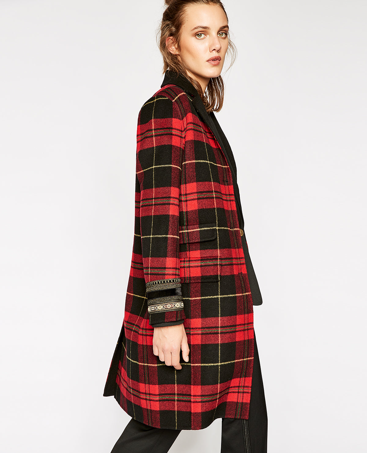 Checked Wool Mix Coat | Women | Black x Red