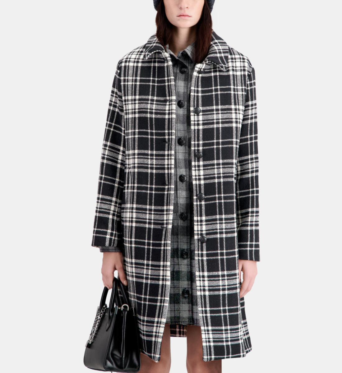 Long Checkered Coat In Wool Blend | Women | Black x White