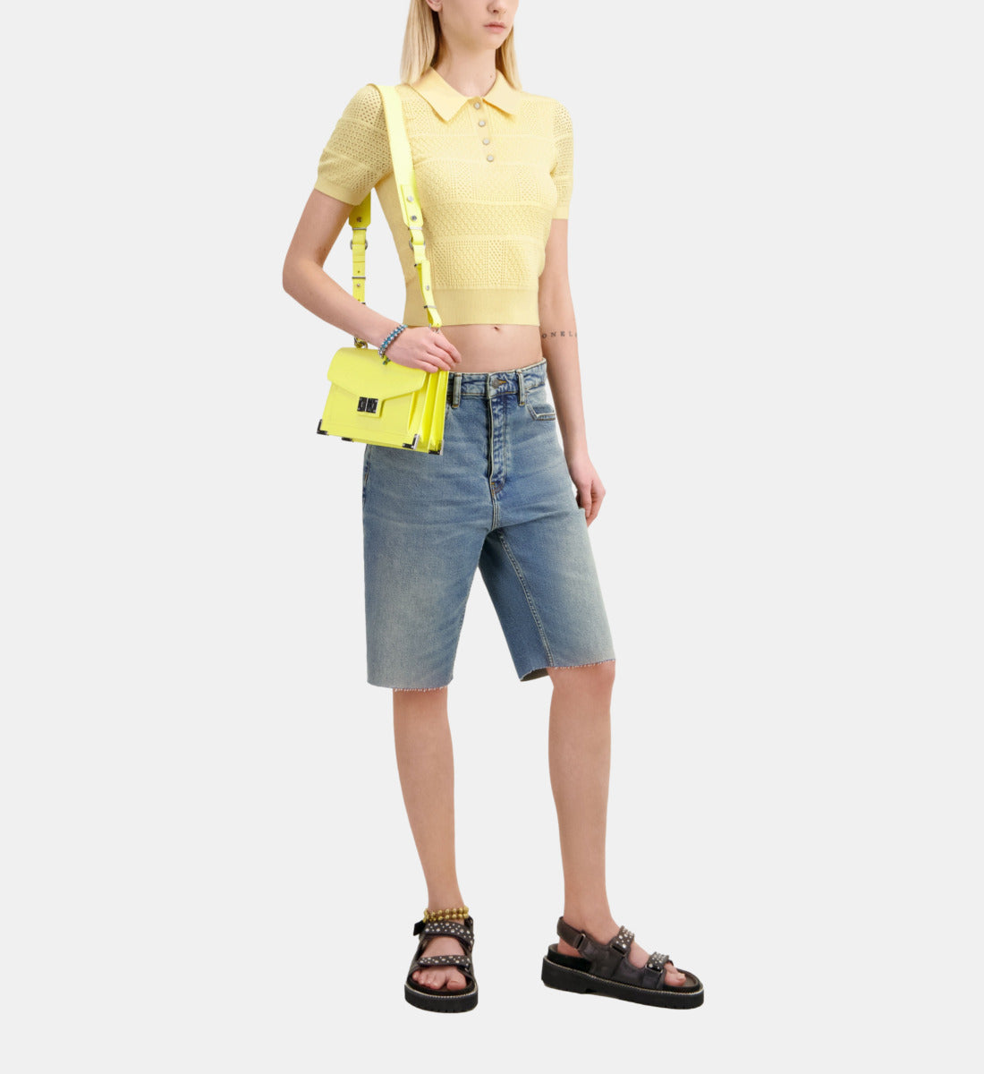 Light Openwork Knit Polo T-Shirt | Women | Mellow Yellow