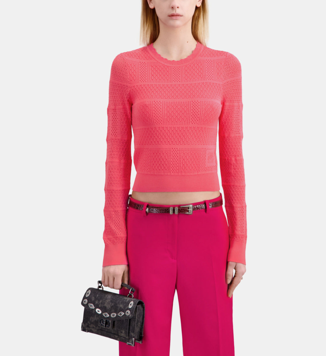 Fuchsia Openwork Knit Sweater | Women | Retro Pink