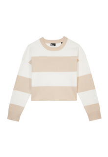 White Striped Long Sleeve Cotton Sweater | Women | Beige Ecru