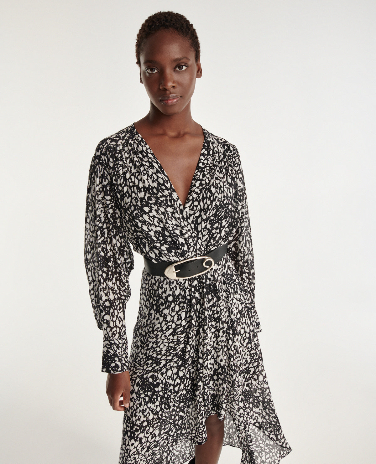 Long Draped Leopard Print Dress | Women | Black x Ecru