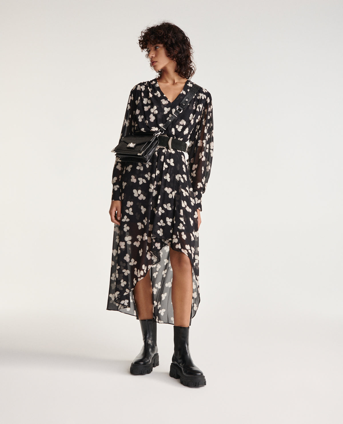 Asymmetric Long Flowing Dress Floral | Women | Black x Ecru