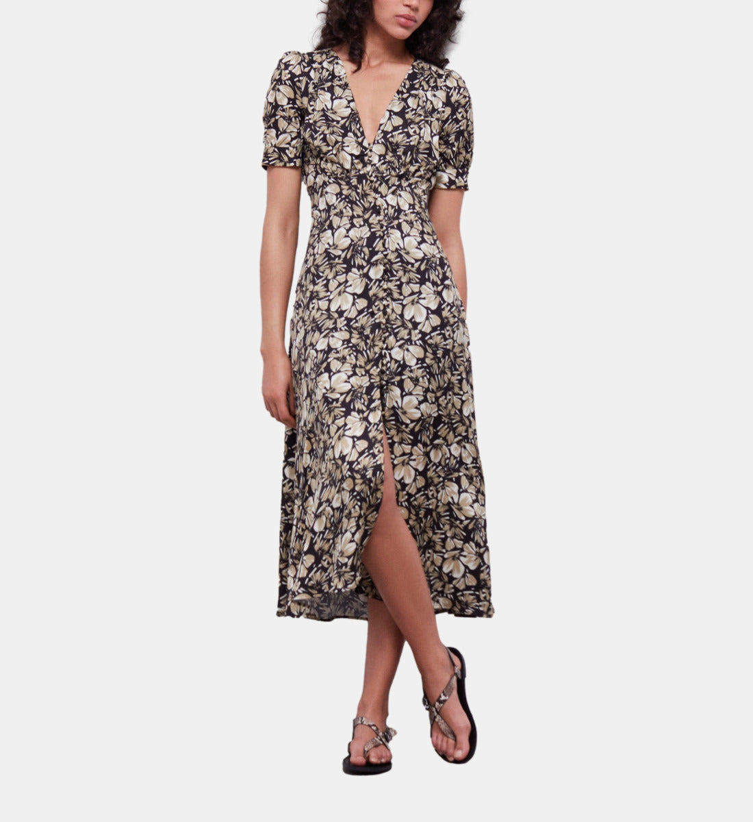 Long Printed Dress With Buttons | Women | Black Brown