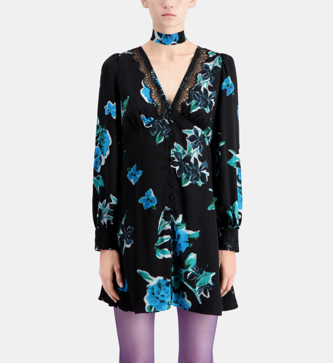 Short Printed Dress With Lace Details | Women | Black Blue