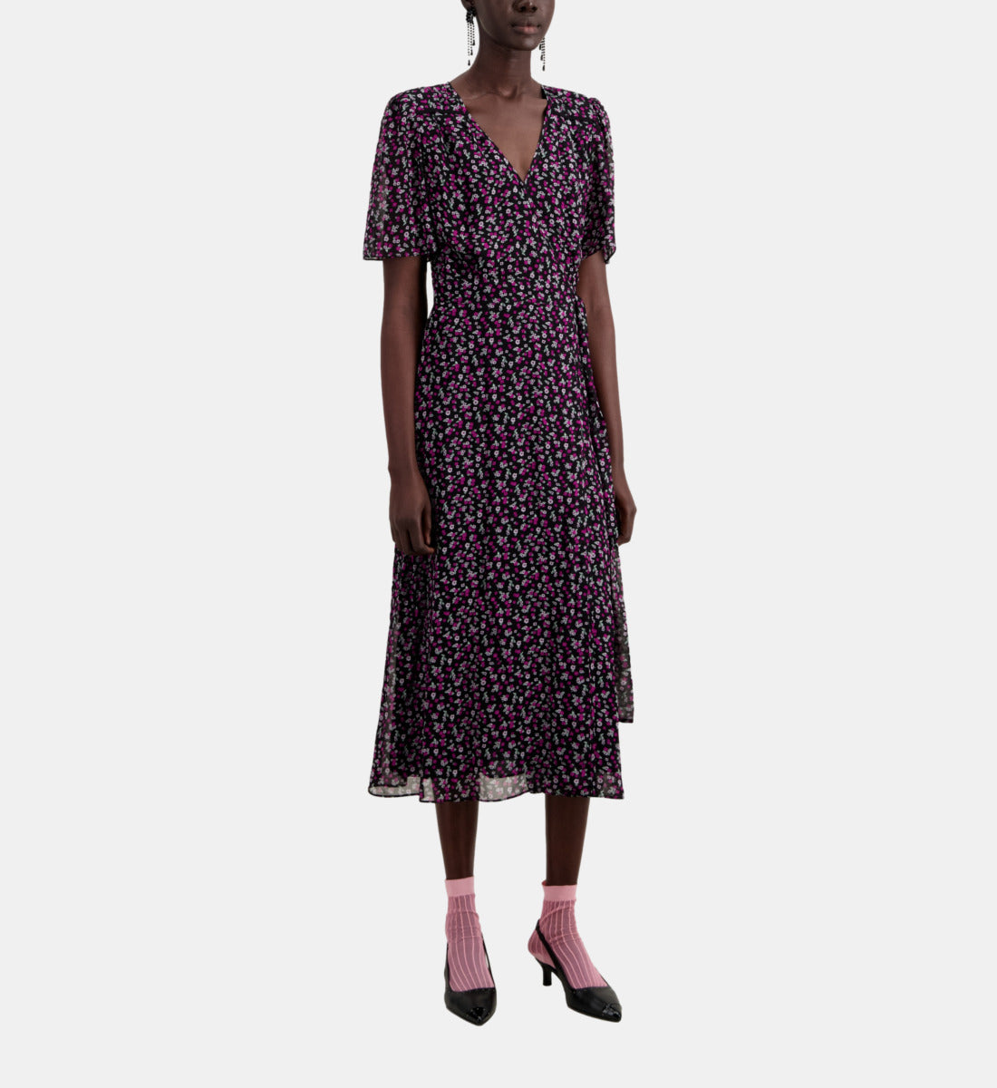 Long Printed Wrap Dress | Women | Black x Pink