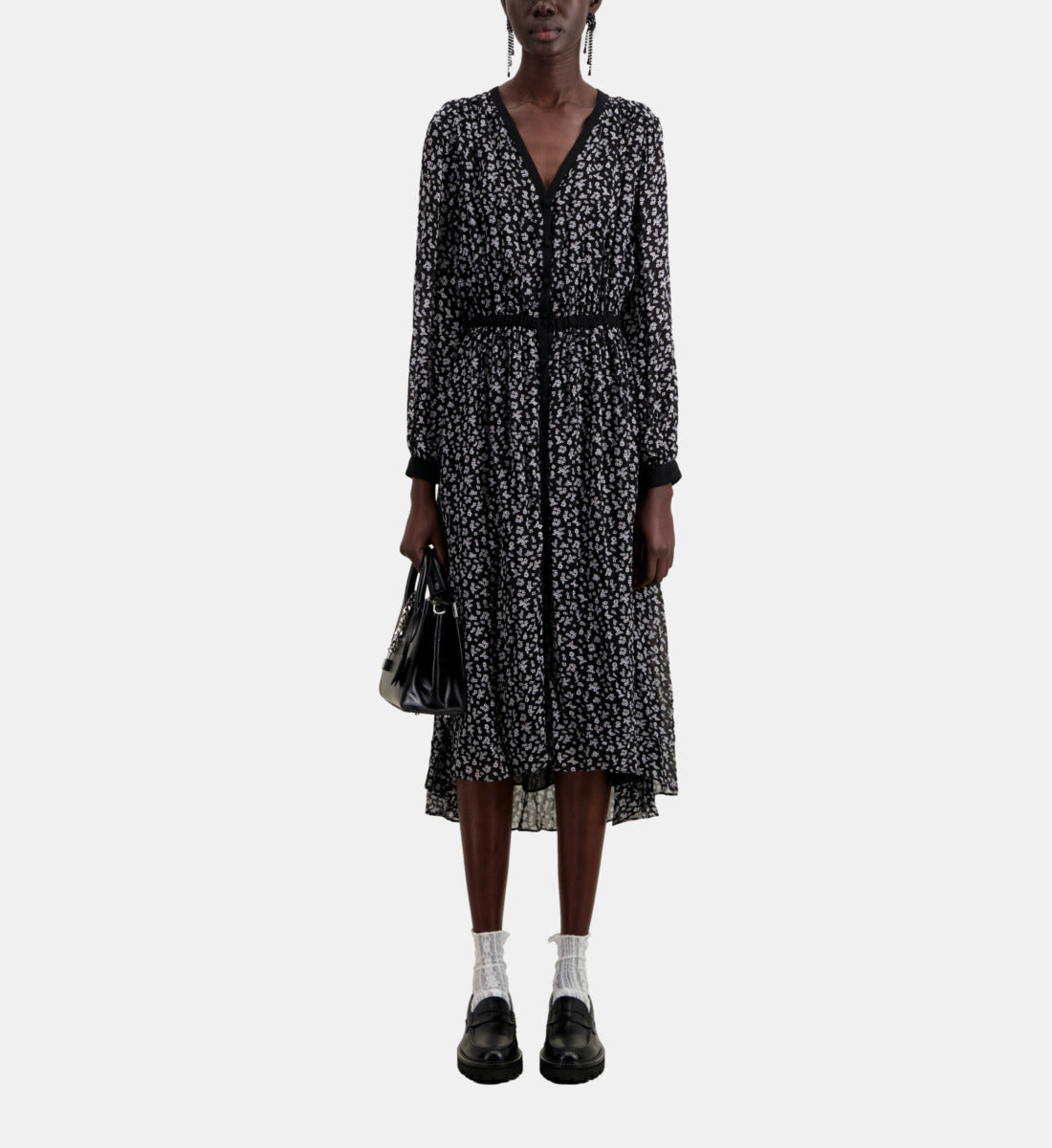 Long Printed Dress With Buttoning | Women | Black x Ecru