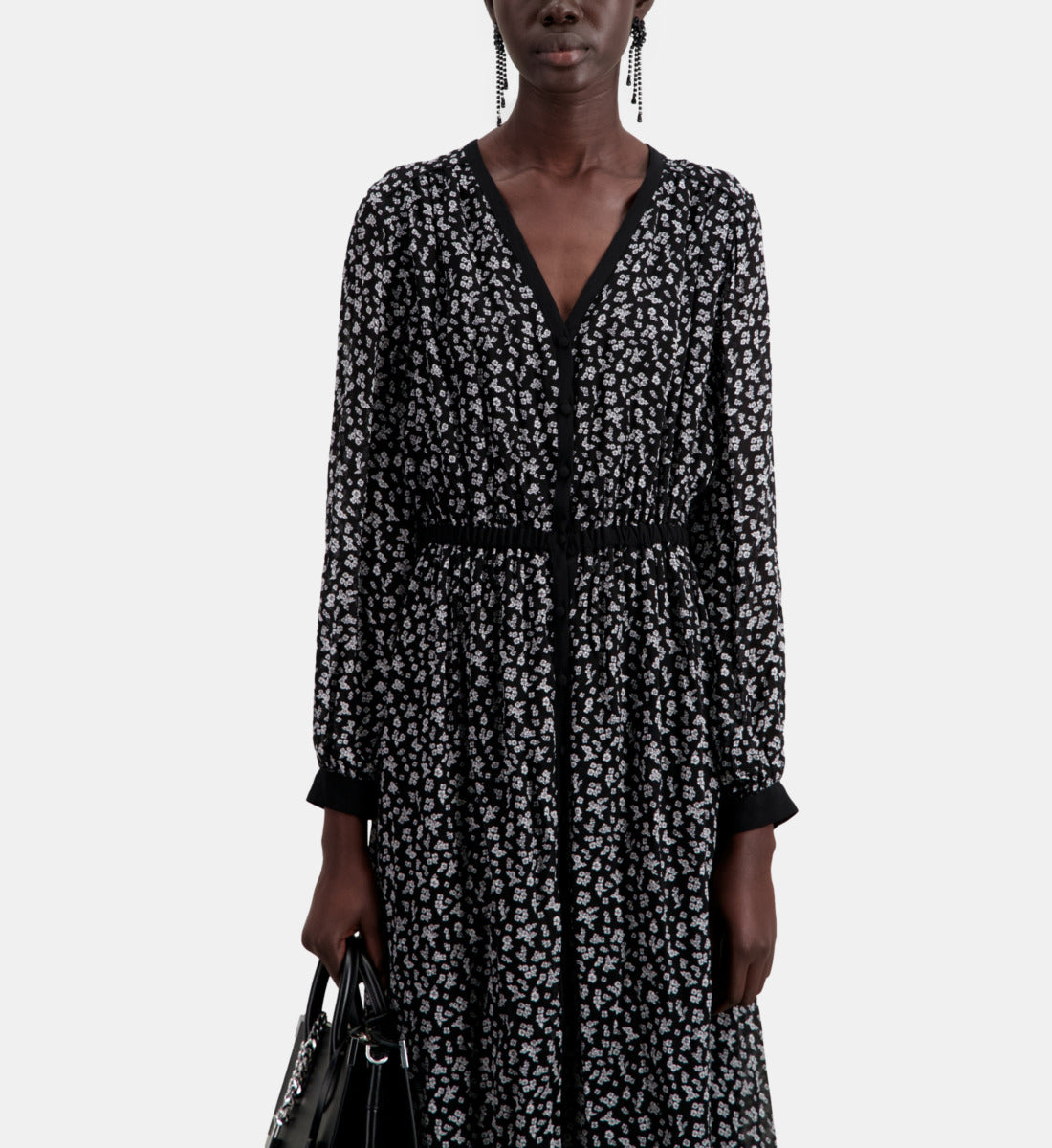 Long Printed Dress With Buttoning | Women | Black x Ecru