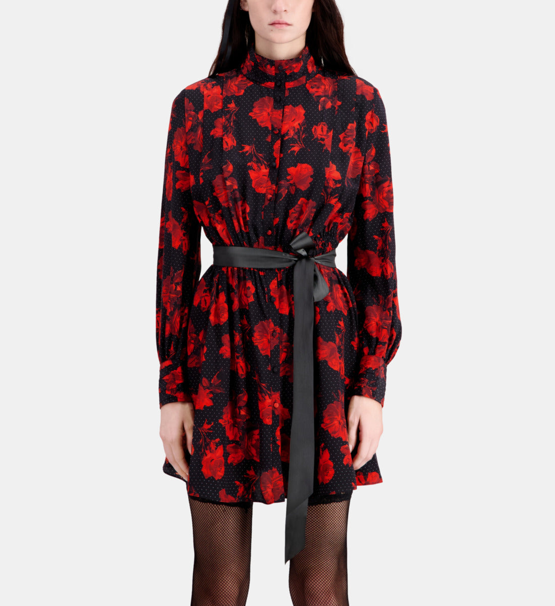 Short Printed Silk Shirt Dress | Women | Black x Red