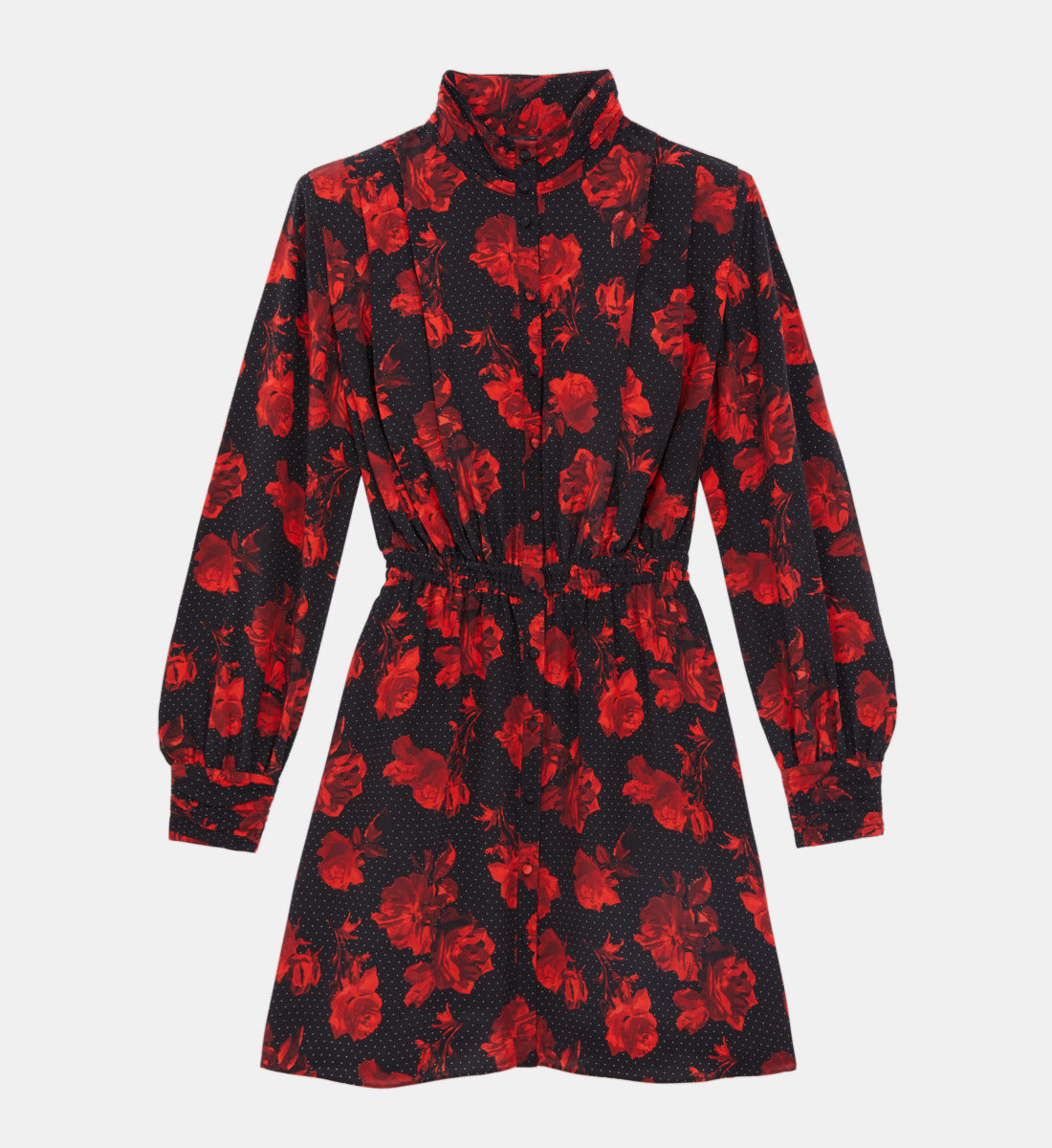 Short Printed Silk Shirt Dress | Women | Black x Red