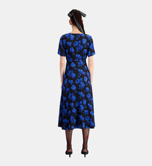 Long Printed Silk Dress With Buttoning | Women | Black Blue