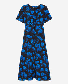 Long Printed Silk Dress With Buttoning | Women | Black Blue