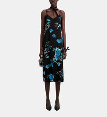 Long Printed Slip Dress With Lace Details | Women | Black Blue