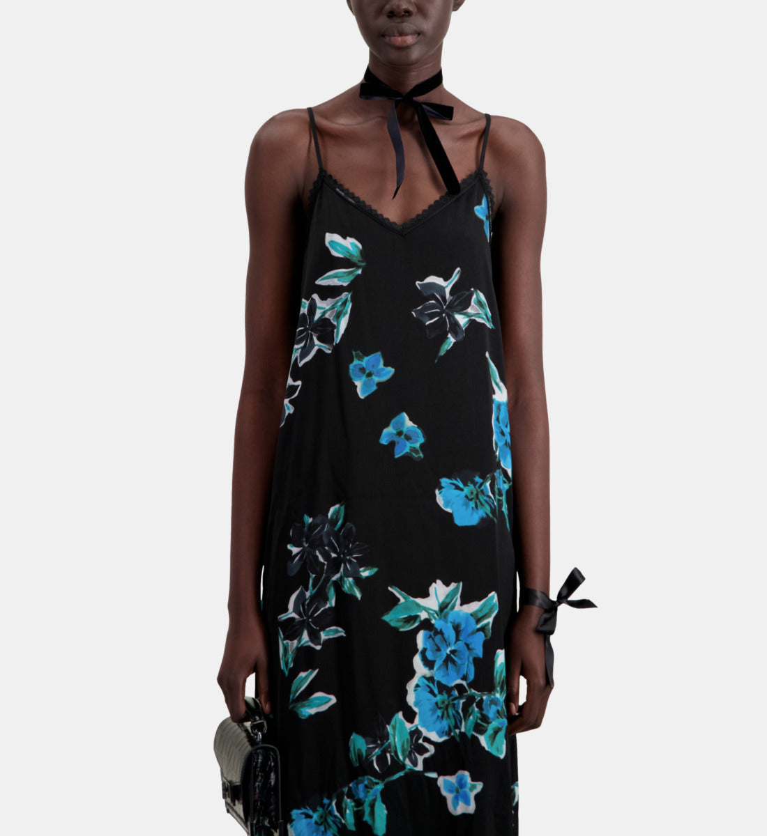 Long Printed Slip Dress With Lace Details | Women | Black Blue