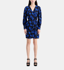 Short Printed Silk Wrap Dress | Women | Black Blue