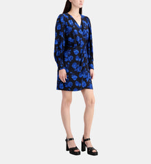 Short Printed Silk Wrap Dress | Women | Black Blue