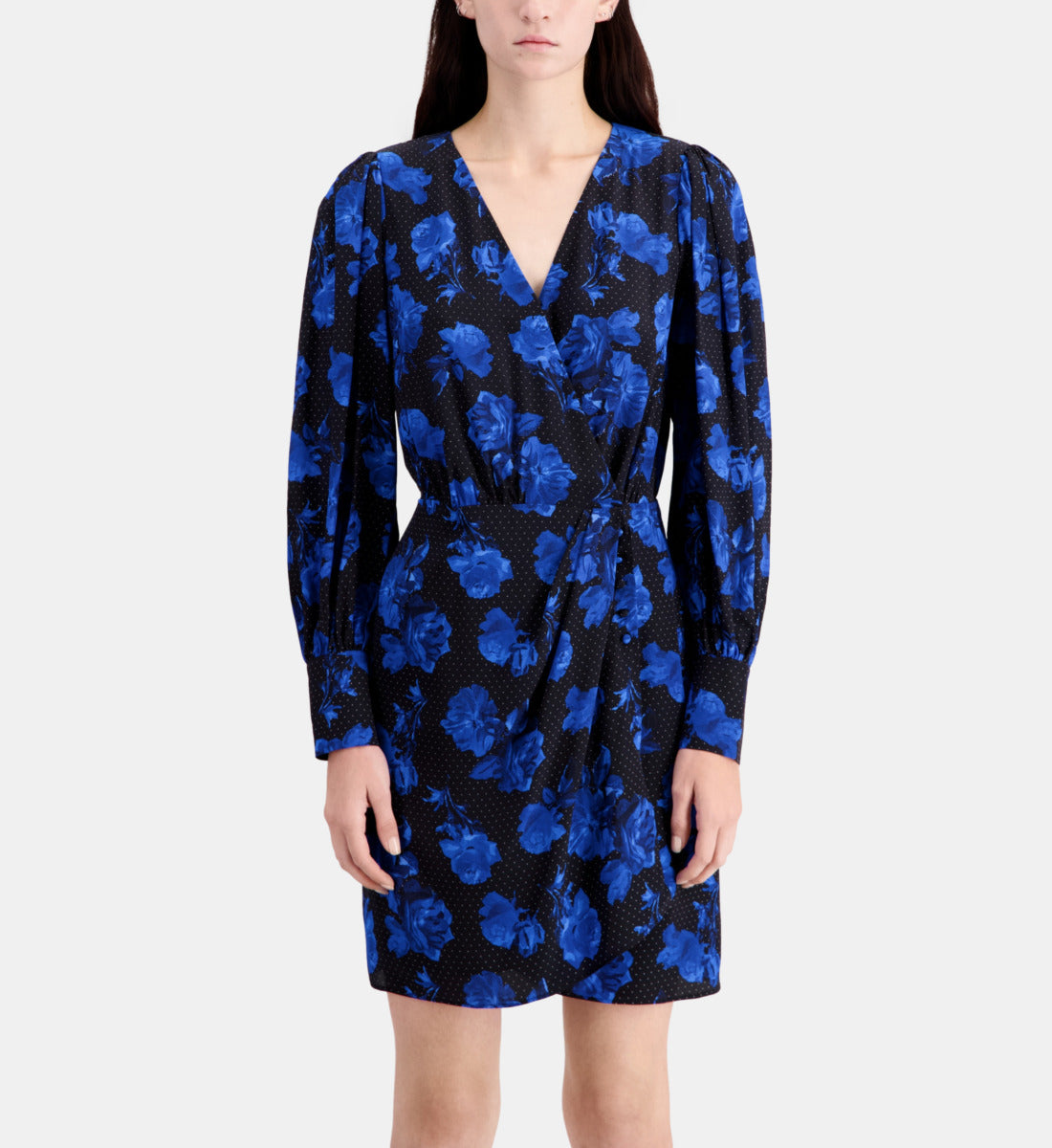 Short Printed Silk Wrap Dress | Women | Black Blue