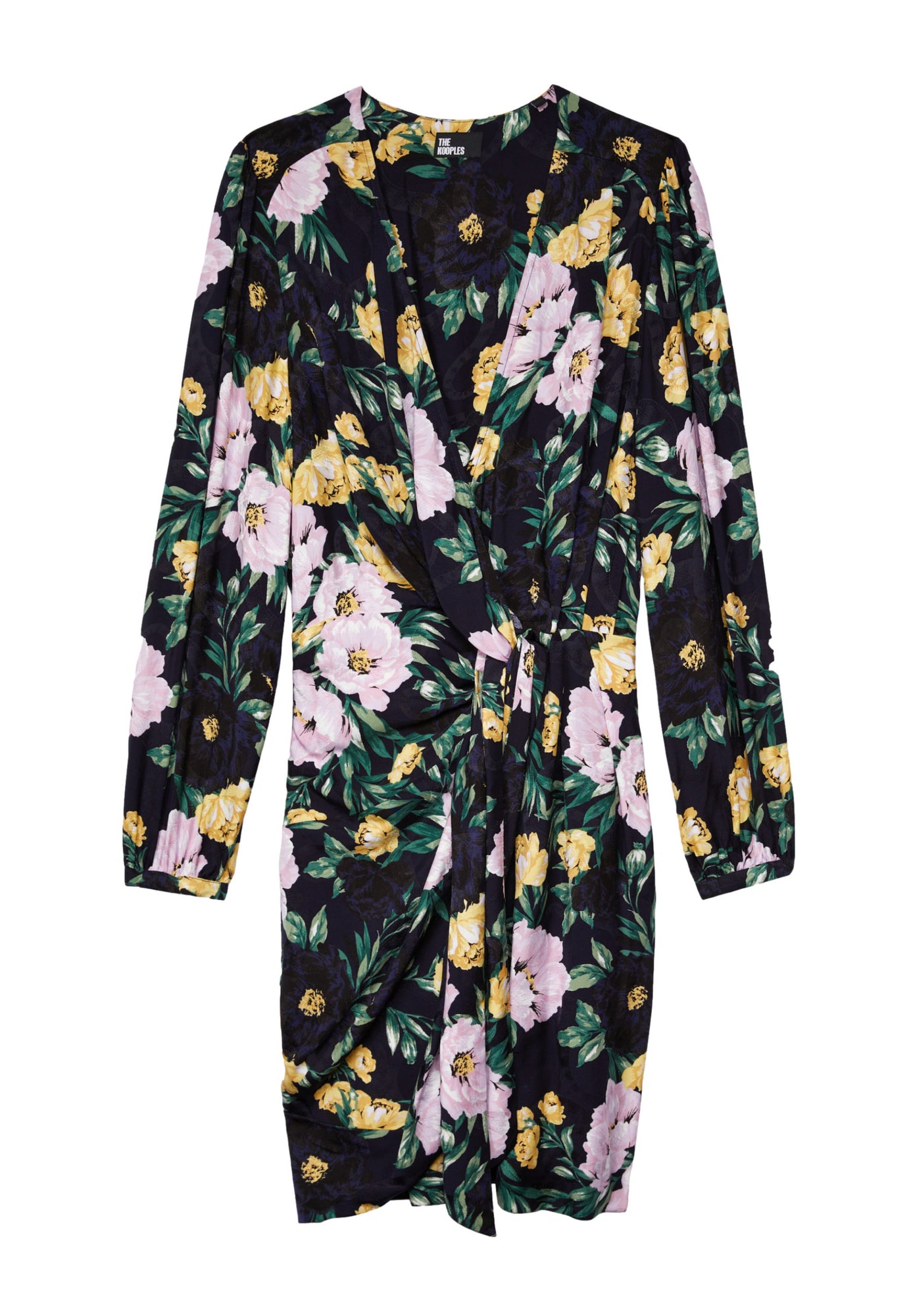 Multicolor Floral Print Long Sleeve Short Dress With Draping | Women | Light Pink x Dark Navy