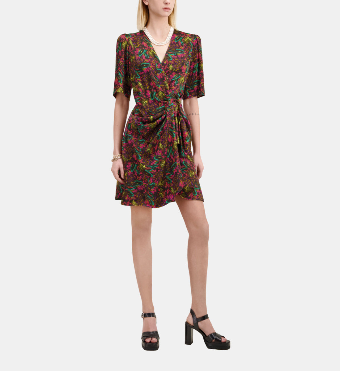 Feather Print Short Sleeve Short Dress With Draping | Women | Multicolorlor