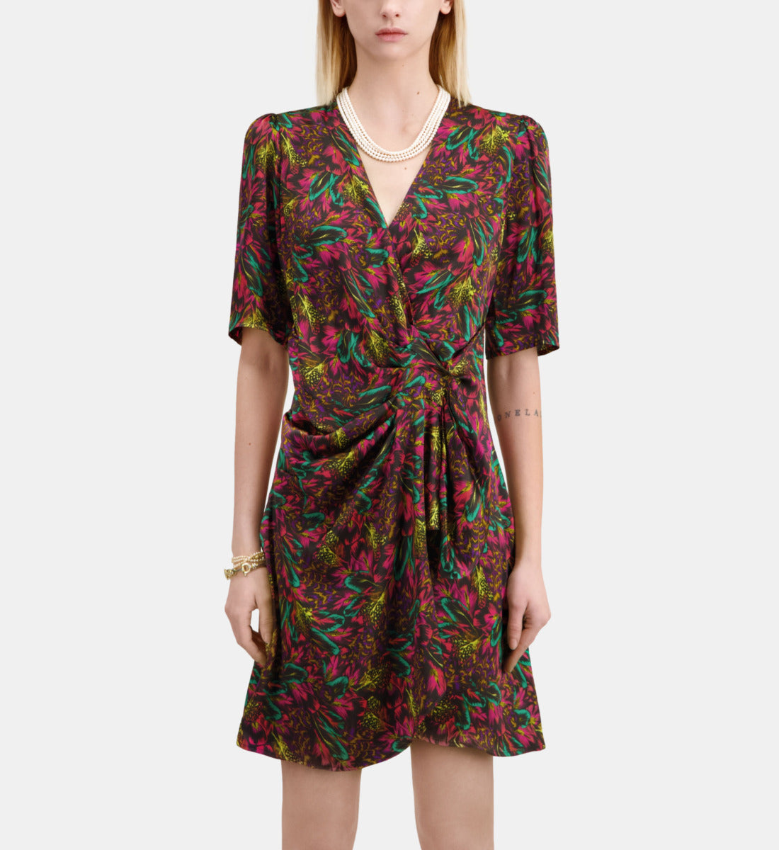 Feather Print Short Sleeve Short Dress With Draping | Women | Multicolorlor