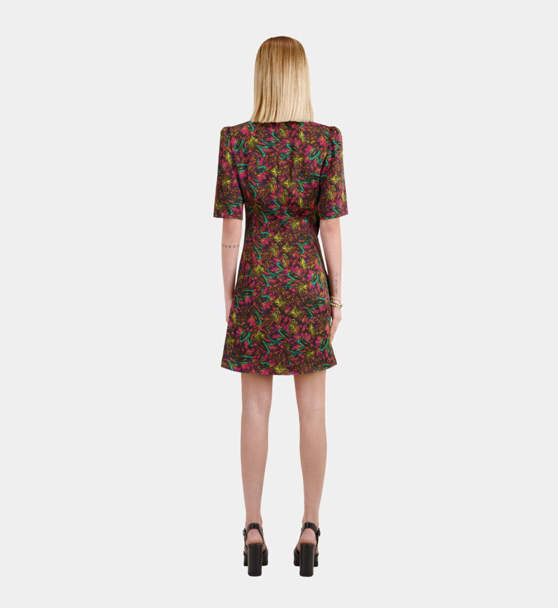 Feather Print Short Sleeve Short Dress With Draping | Women | Multicolorlor