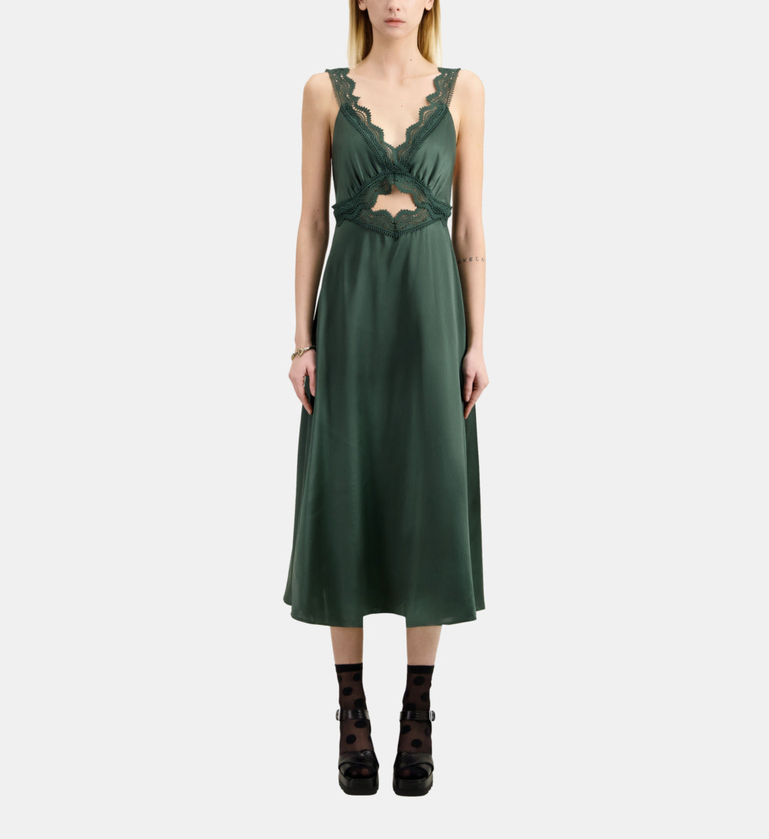 Long Green Slip Dress With Guipure | Women | Wood Khaki