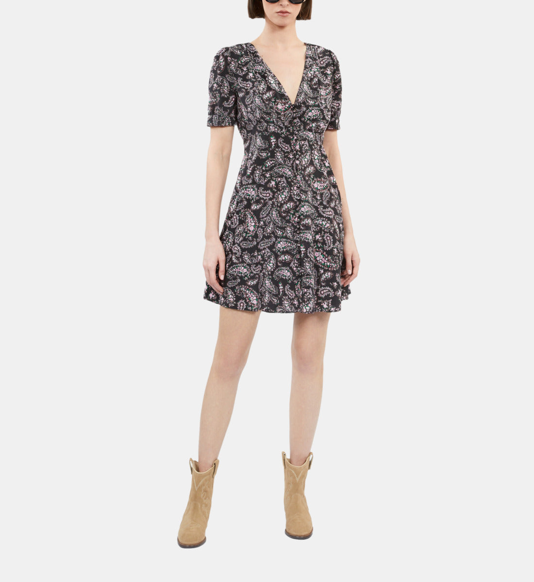 Paisley Print Short Dress With Buttons | Women | Black x Pink