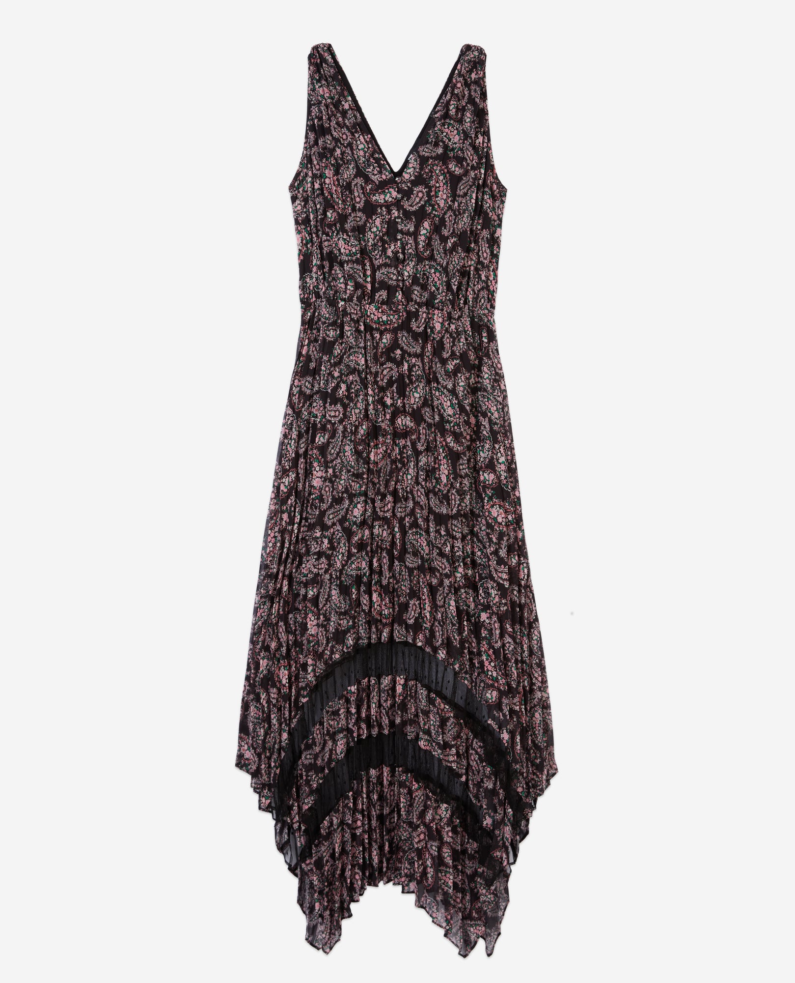 Paisley Print Pleated Long Dress With Mesh Inserts | Women | Black x Pink