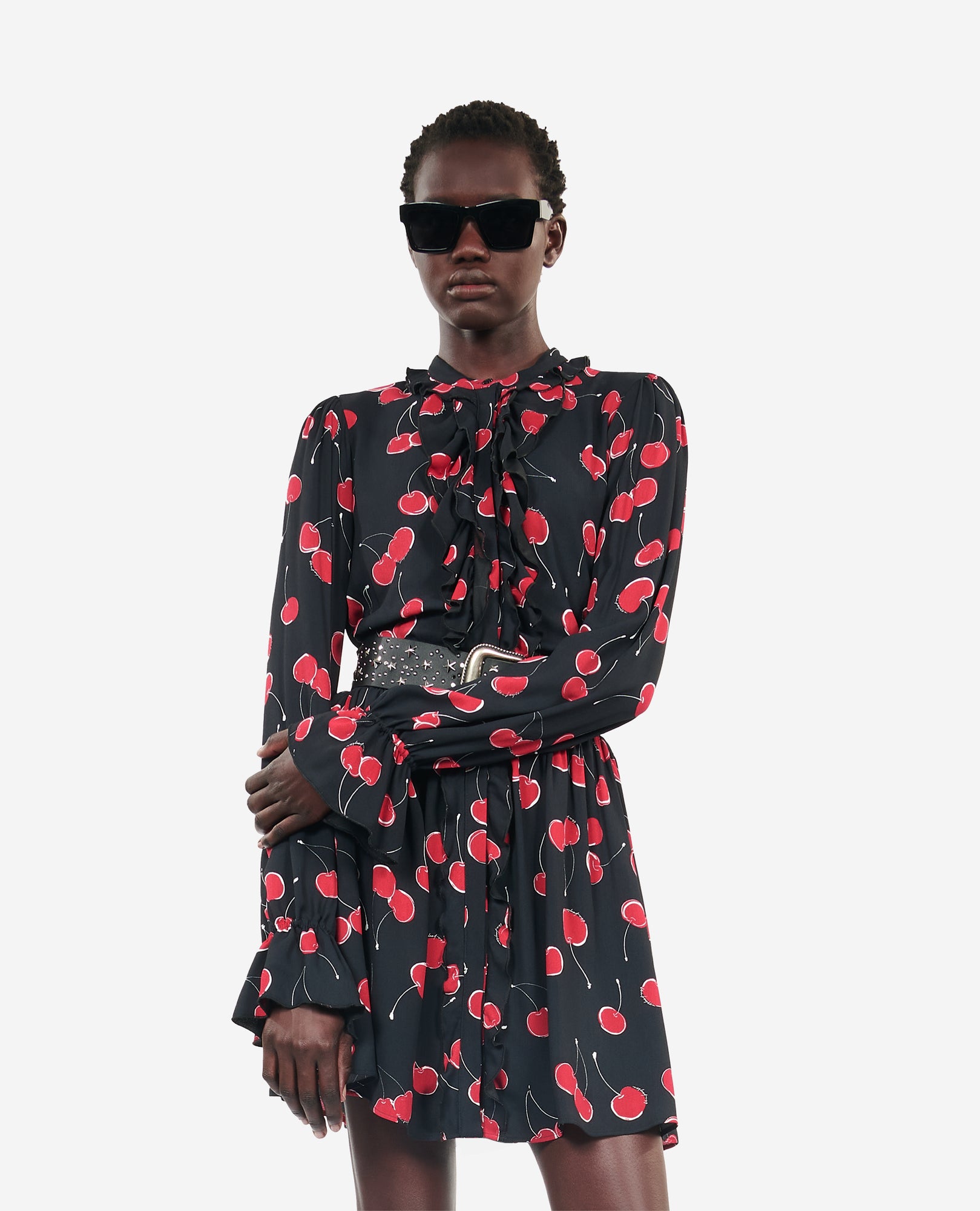 Short Cherry Printed Dress | Women | Black x Red