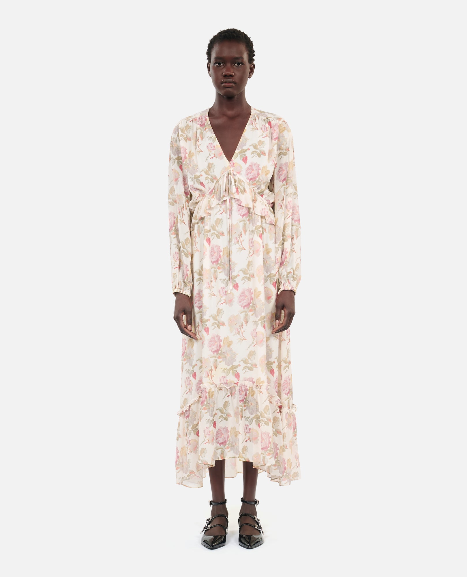 Long Floral Printed Silk Dress | Women | Beige x Red