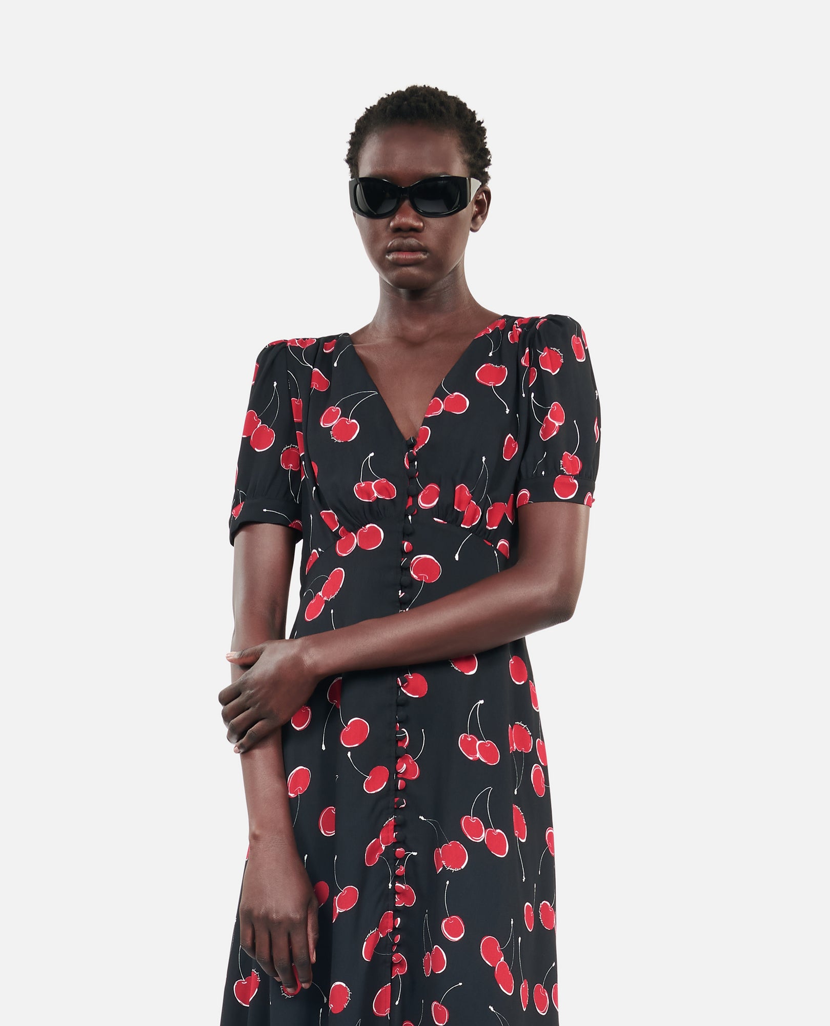 Cherry Printed Long Dress With Buttoning | Women | Black x Red