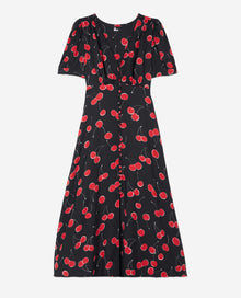 Cherry Printed Long Dress With Buttoning | Women | Black x Red