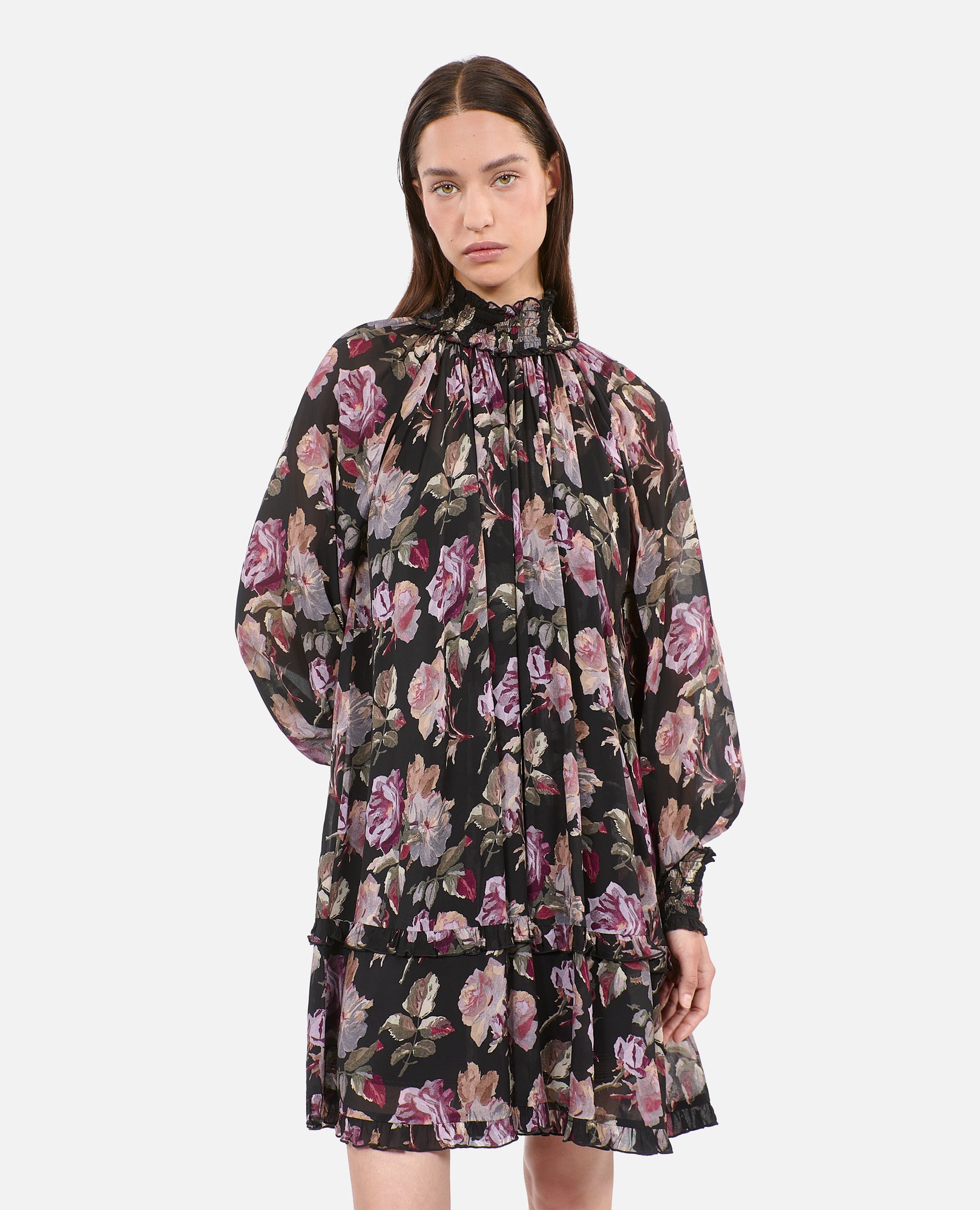 Short Floral Print Dress | Women | Black x Purple