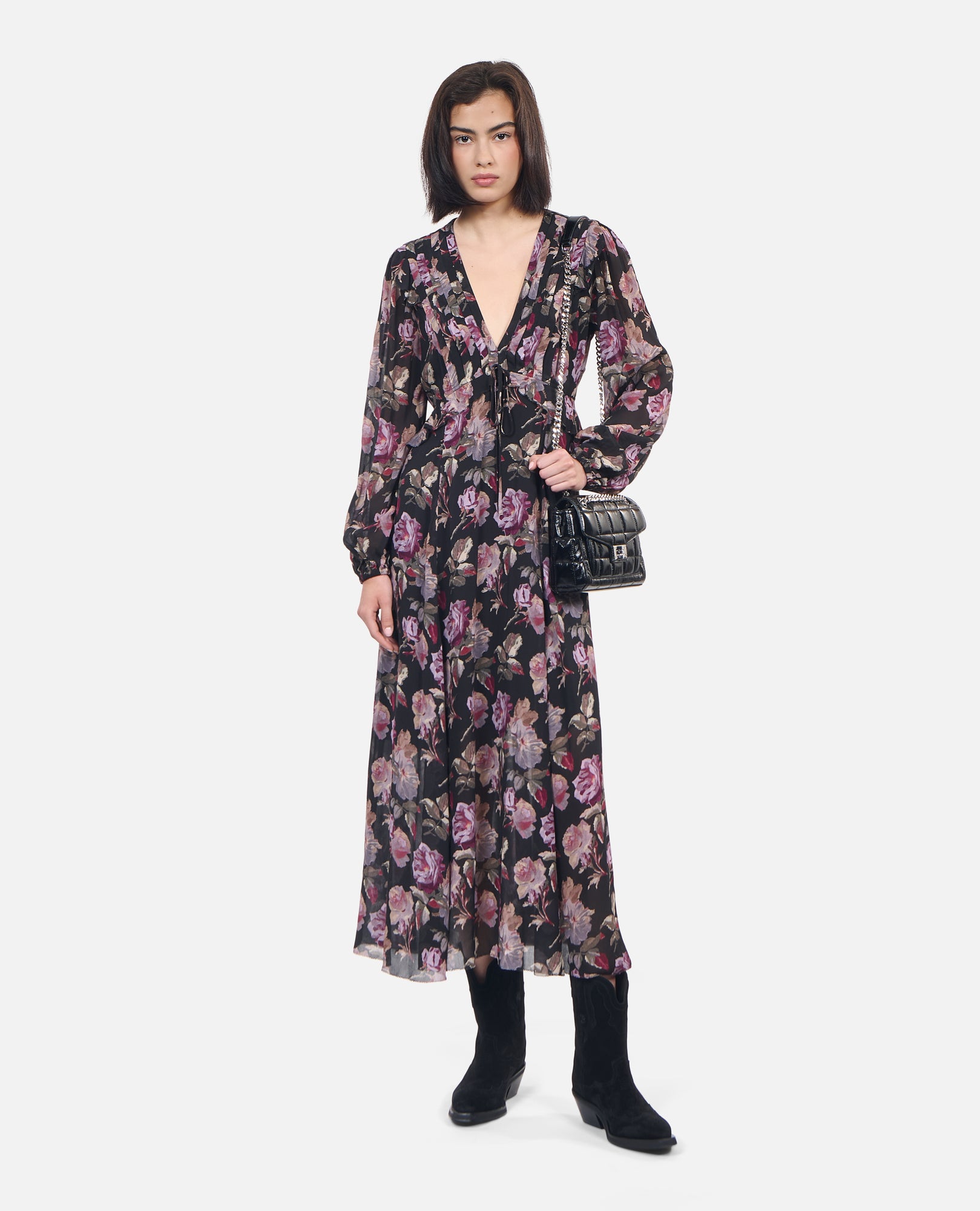 Long Floral Print Dress | Women | Black x Purple