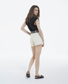 Fitted Ecru Denim Shorts With Elastic Waist | Women | Beige Melange