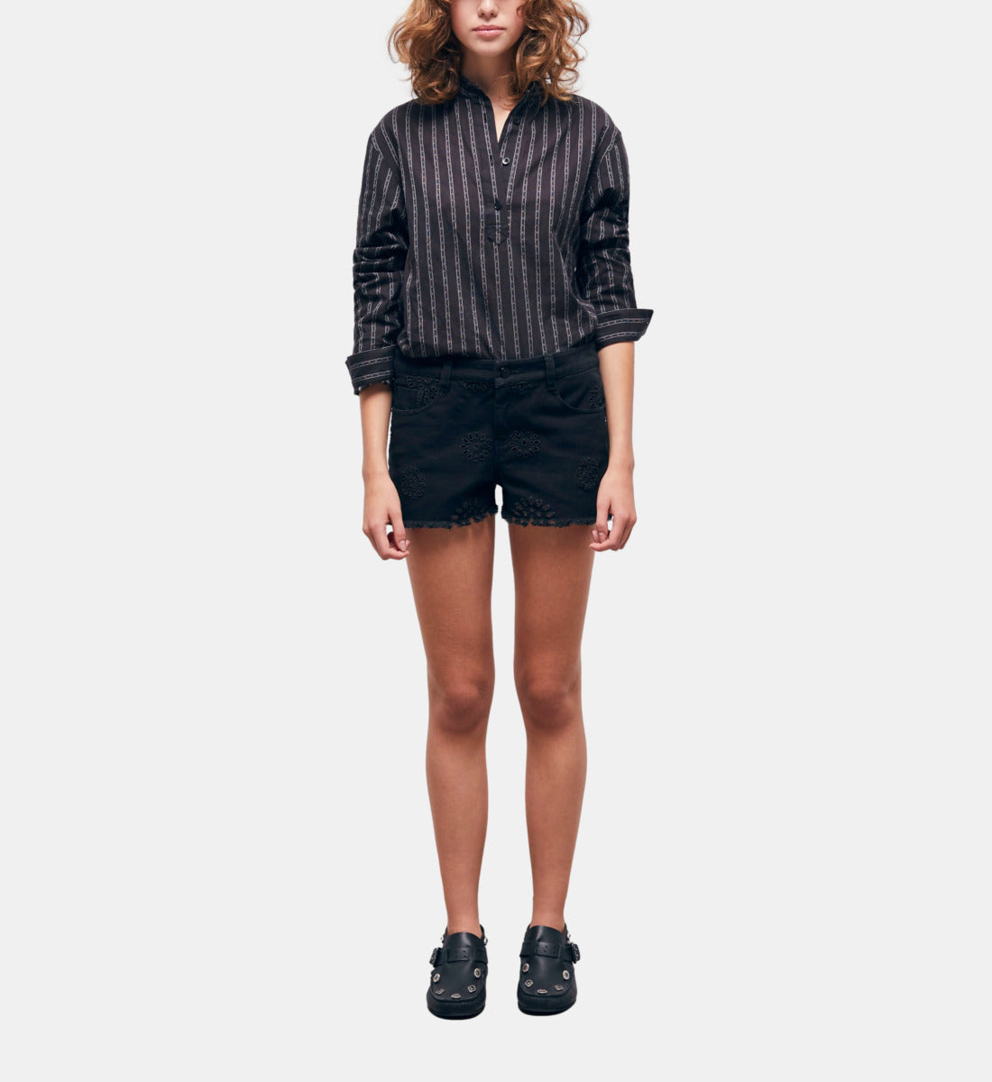 Denim Shorts With Broderie Anglaise | Women | Black