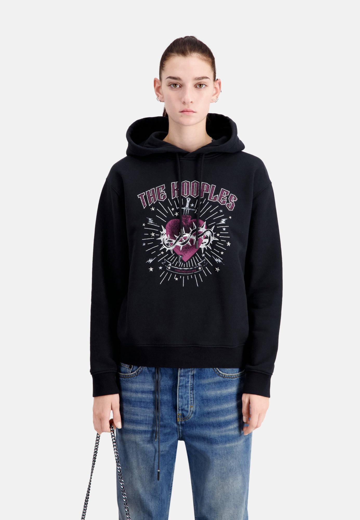 Hoodie With Dagger Through Heart Serigraphy | Women | Black Washed