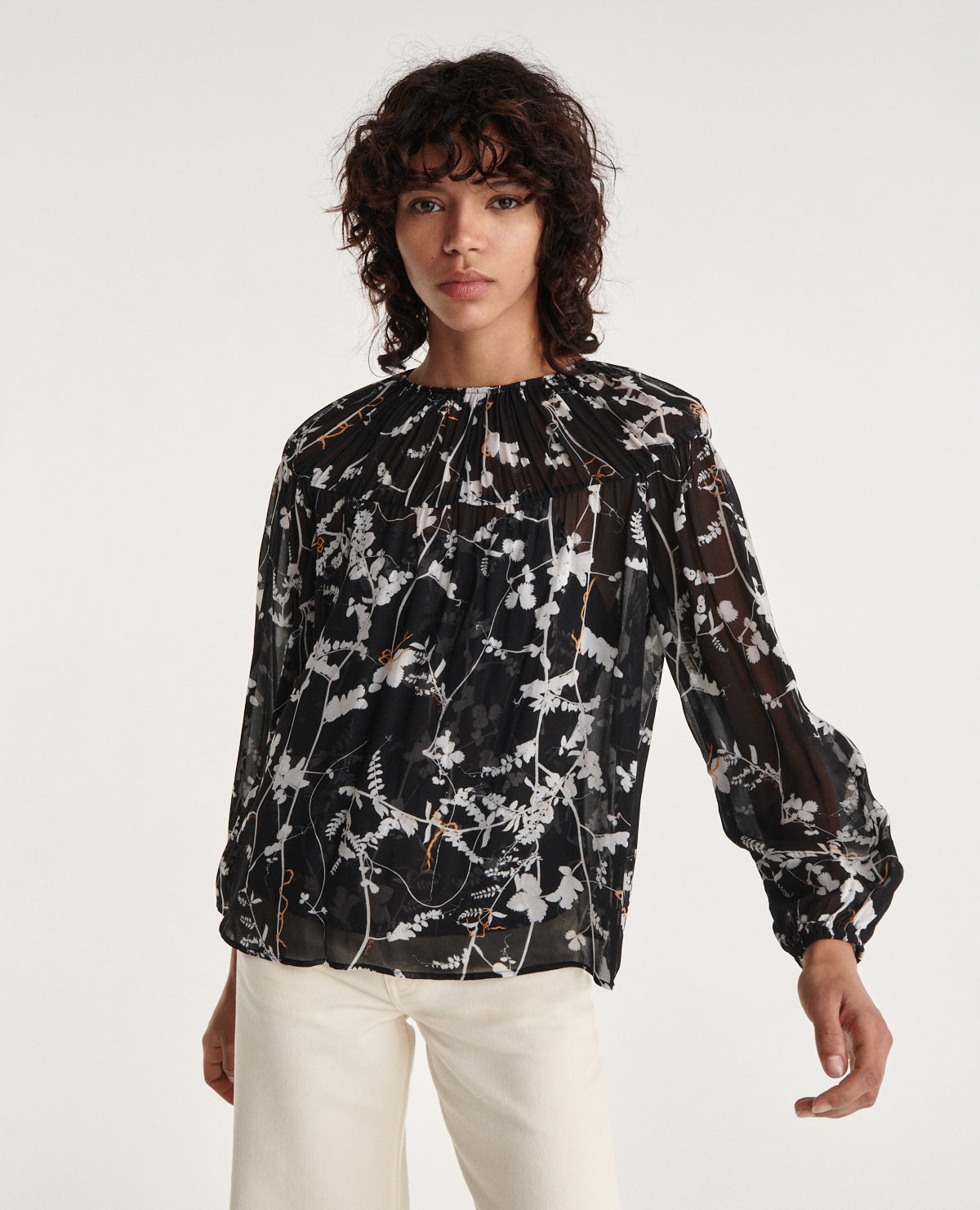 Flowing Top With Gathers & Floral Print | Women | Black