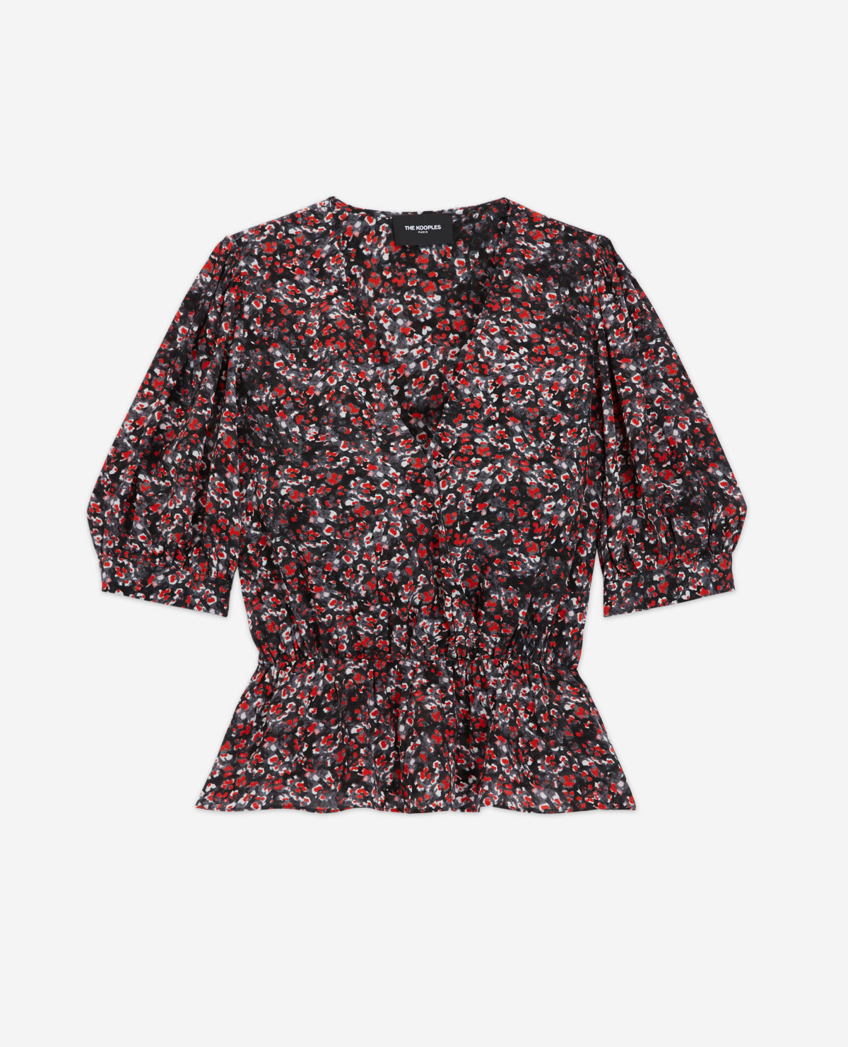 Short Sleeved Printed Wrap Top | Women | Black x Red