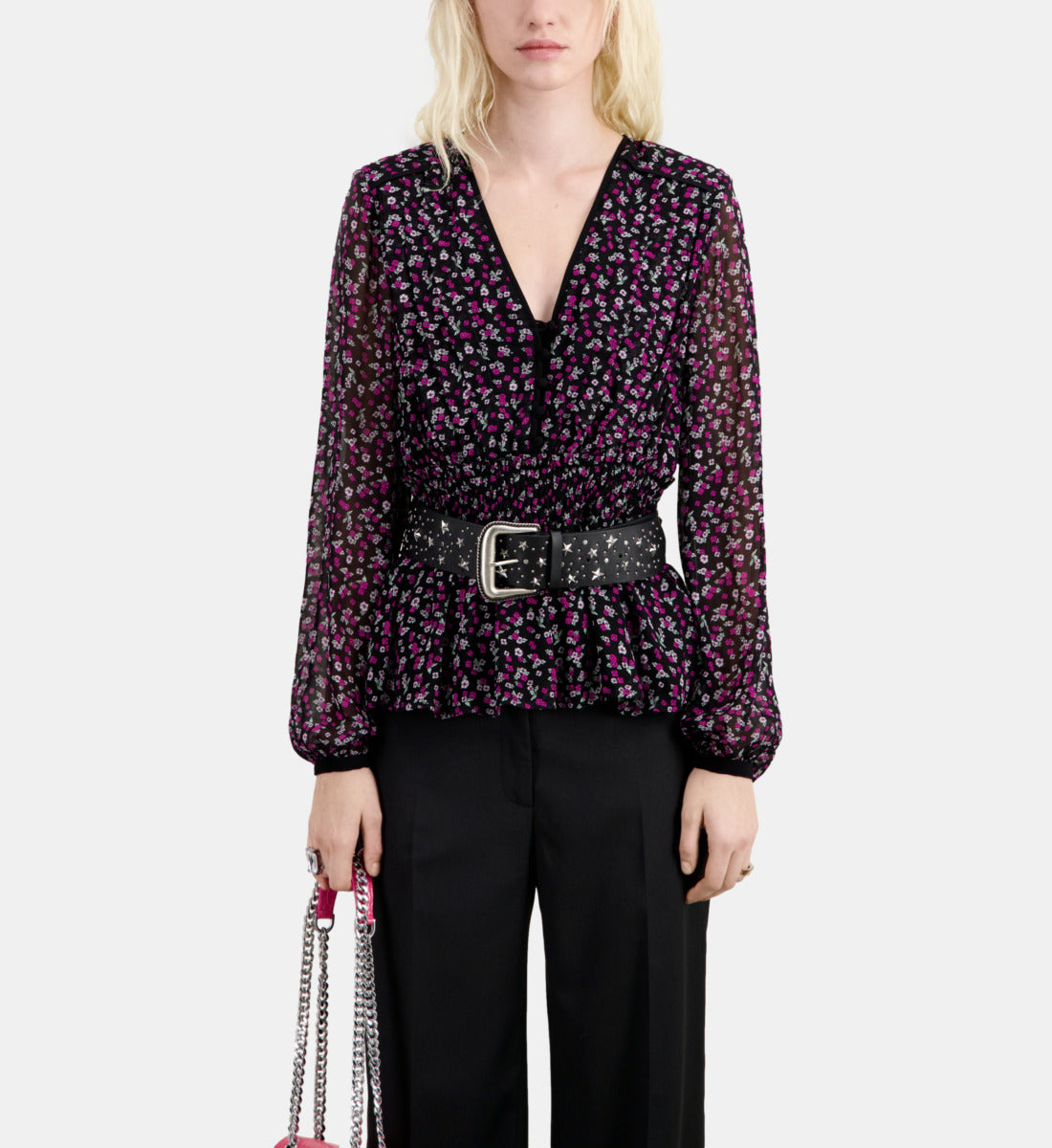 Printed Top With Smocking | Women | Black x Pink