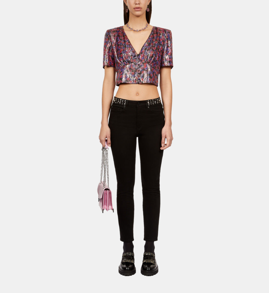 Floral Metallic Cropped Top | Women | Blue Red