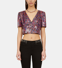 Floral Metallic Cropped Top | Women | Blue Red