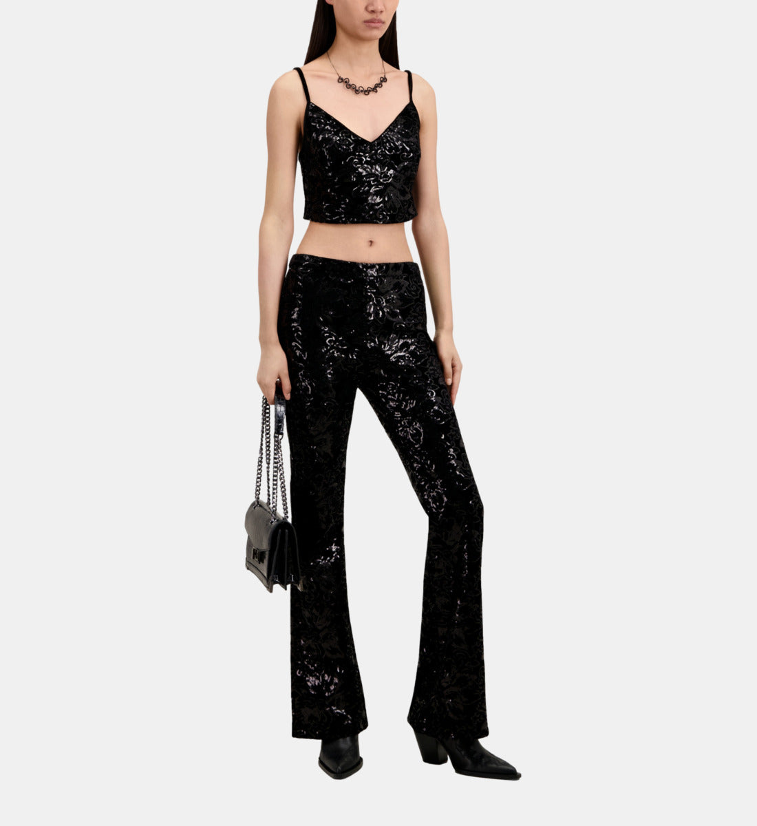 Velvet Cropped Top With Sequins | Women | Black