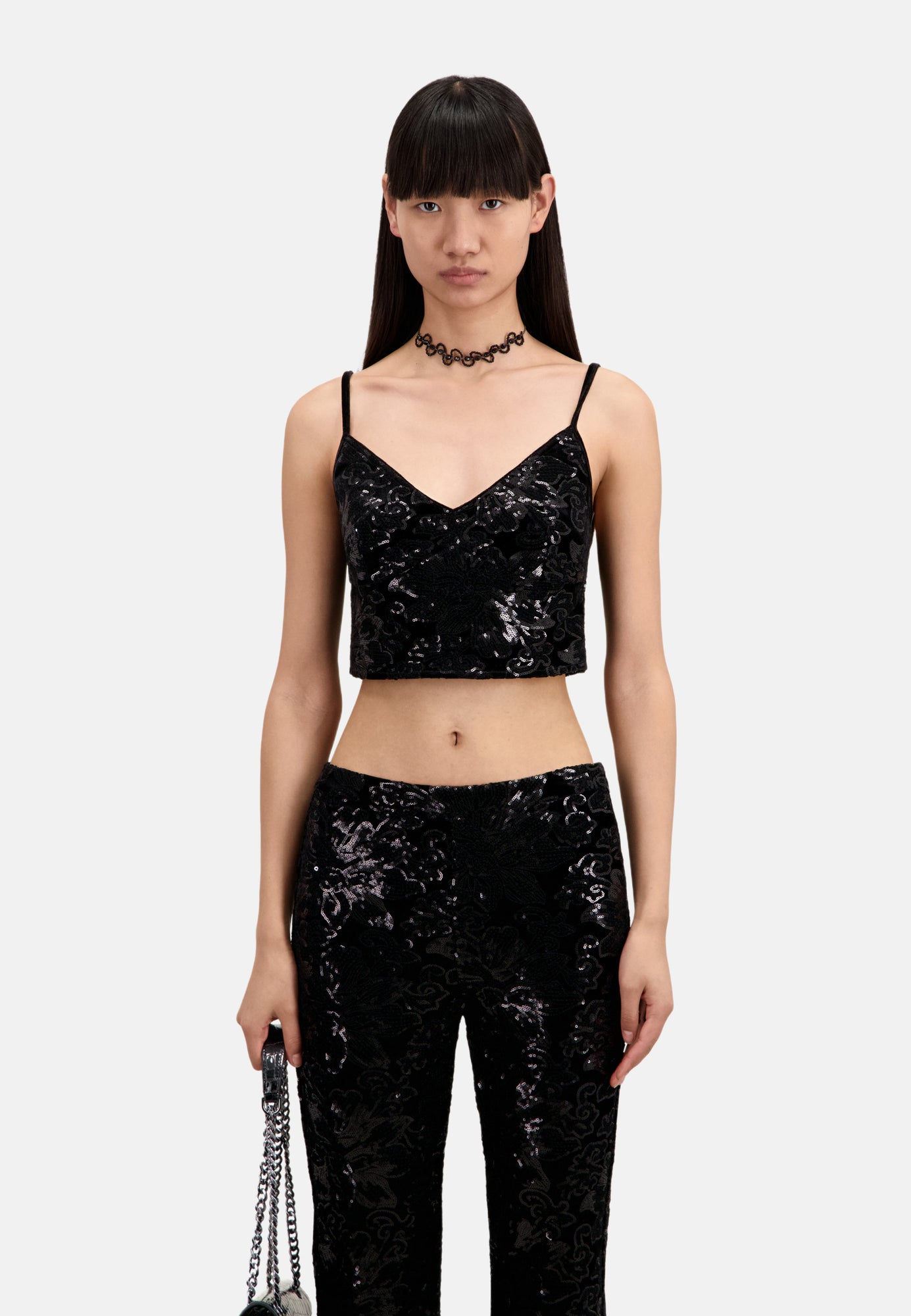 Velvet Cropped Top With Sequins | Women | Black