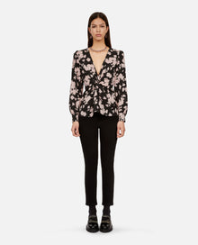 Floral Print Top With Draping Front Twist | Women | Black x Pink