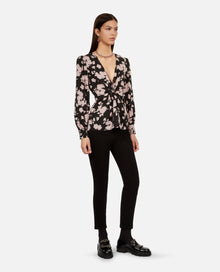 Floral Print Top With Draping Front Twist | Women | Black x Pink