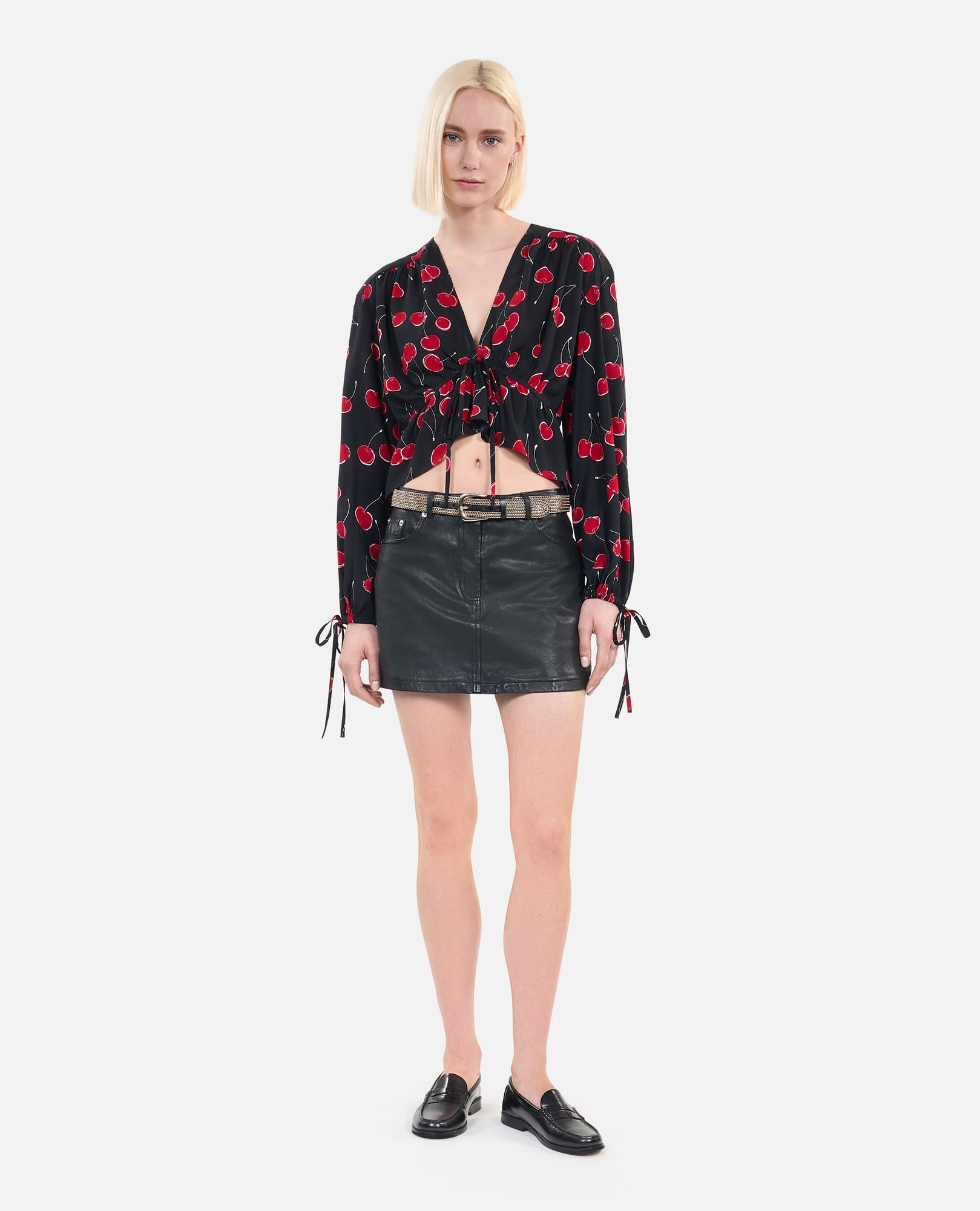 Cherry Printed Cropped Top With Ruffles | Women | Black x Red