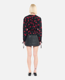 Cherry Printed Cropped Top With Ruffles | Women | Black x Red