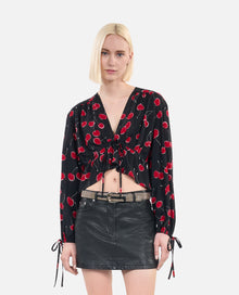 Cherry Printed Cropped Top With Ruffles | Women | Black x Red