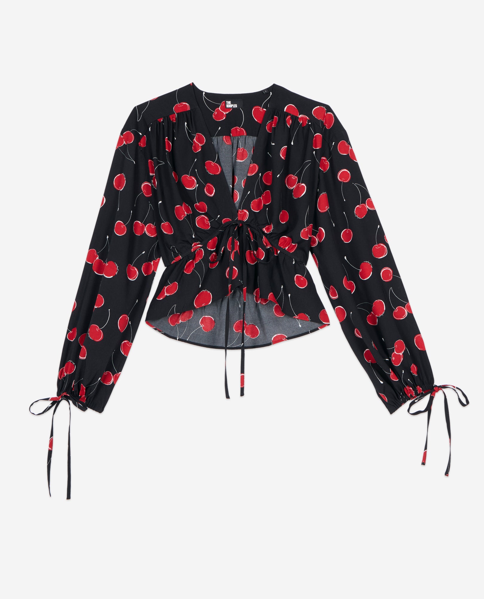 Cherry Printed Cropped Top With Ruffles | Women | Black x Red